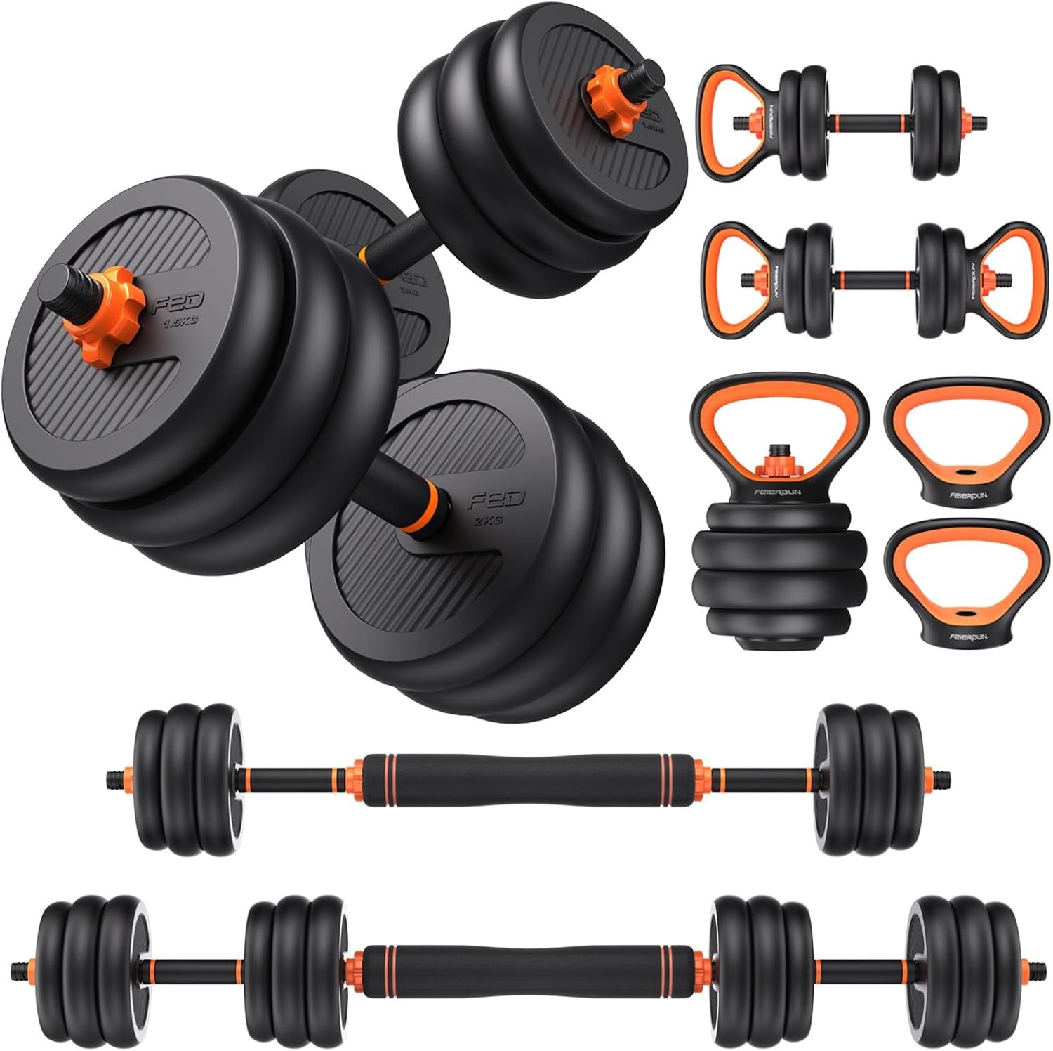 FEIERDUN Adjustable Dumbbells, 20/30/40/45/70/90lbs Free Weight Set with Connector, 5 in1 Dumbbells Set Used as Barbell, Kettlebells, Push up Stand, Weight Plate, Fitness Exercises for Home Gym Suitab