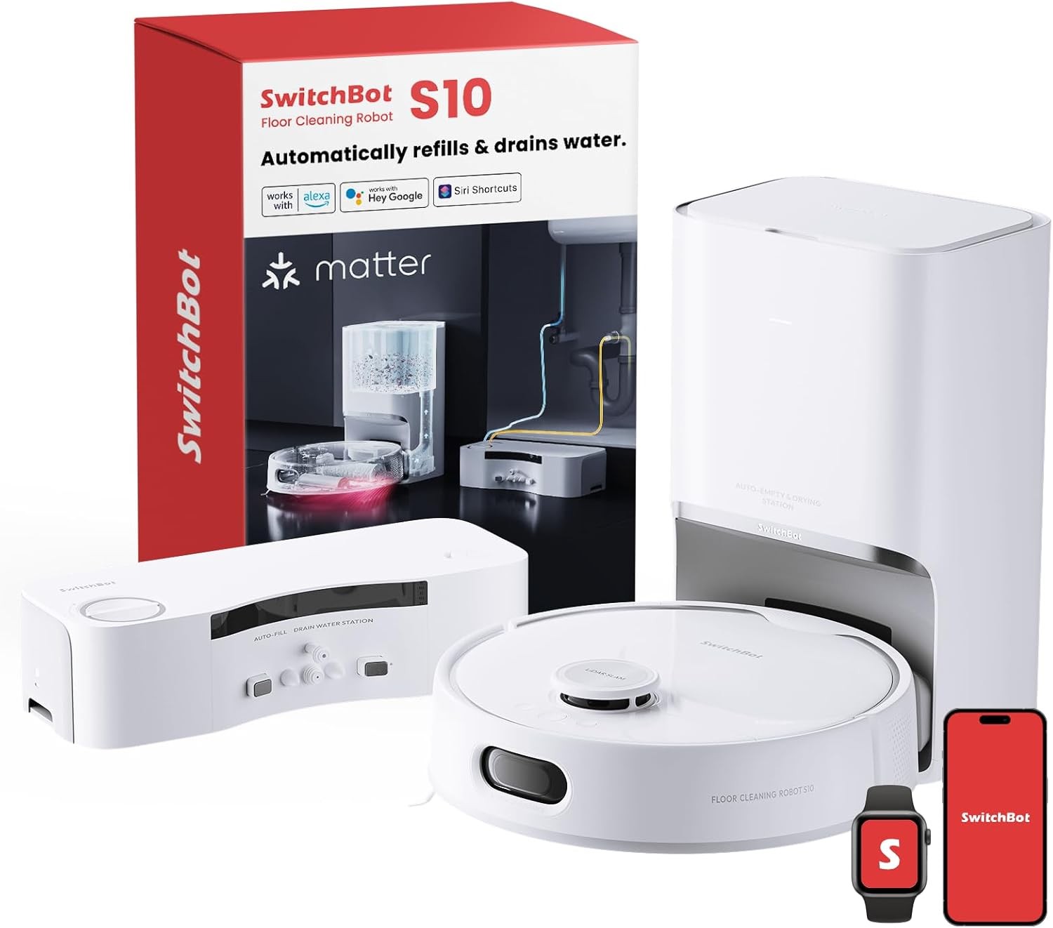 SwitchBot S10 Robot Vacuum and Mop with Dual Stations, Self Draining and Refilling, Auto Washing and Drying, Liftable Mop, 6500Pa Suction, Self Emptying for 90 Days Hands-Free Cleaning