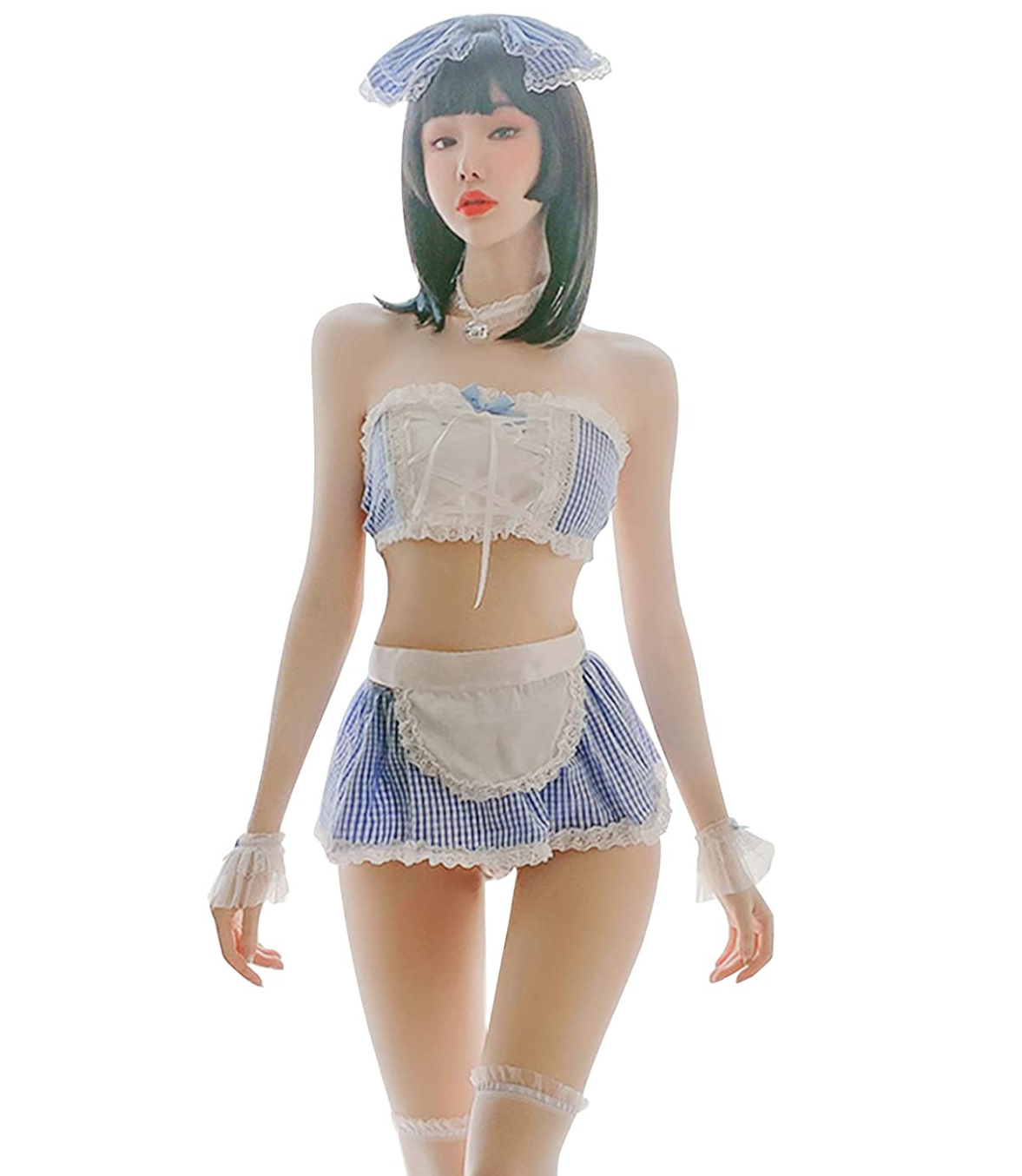 YOMORIO Anime Maid Uniform Cute Bull White Plaid Lingerie Sexy Cosplay Costume