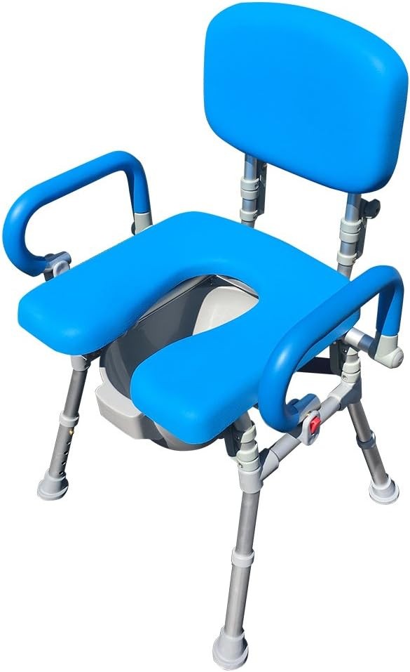 Platinum Health UltraCommode™ Foldable Commode and Shower Chair, Soft, Warm, Portable XL Toilet Seat with Open Front, Padded Pivoting Armrests, Adjustable Height, Includes Free Commode Pail, Blue