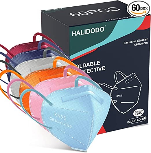 HALIDODO 60 Packs Individually Wrapped KN95 Face Mask 5-Ply