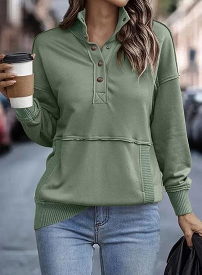 SHEWIN Womens Sweatshirt Casual Long Sleeve Lightweight Sweatshirts Button Loose Pullover Tops