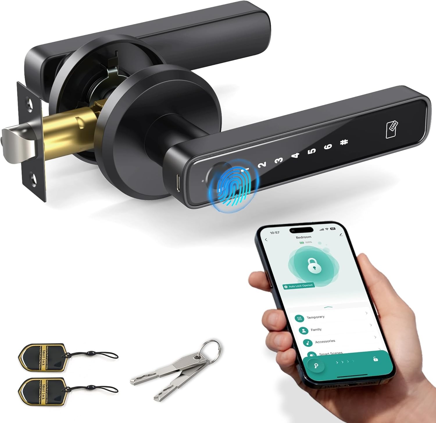 Asidrama Smart Fingerprint Door Lock with Keypad Handle - Keyless Entry via Biometric, APP, Code, Keys & Card for Bedroom, Office, Hotel, Apartment - Black