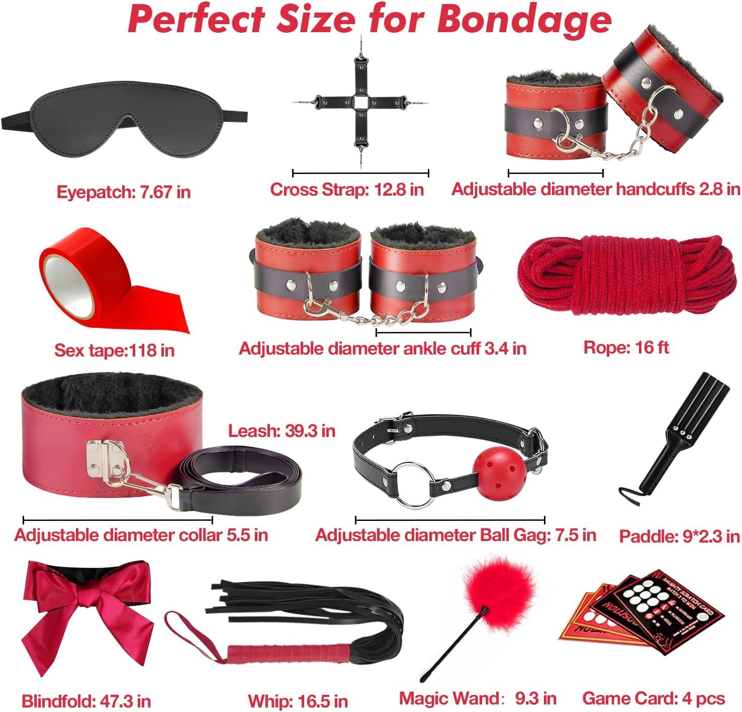 Sex Toys BDSM Restraints Dildo, 36Pcs Kit Bondage Gear and Accessories for Adult Women and Couples (Red)