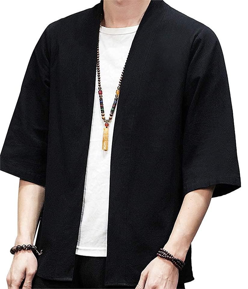 PRIJOUHE Men's Kimono Jackets Cardigan Lightweight@ Casual Cotton Blends Linen Seven   Sleeves Open Front Coat Outwear #