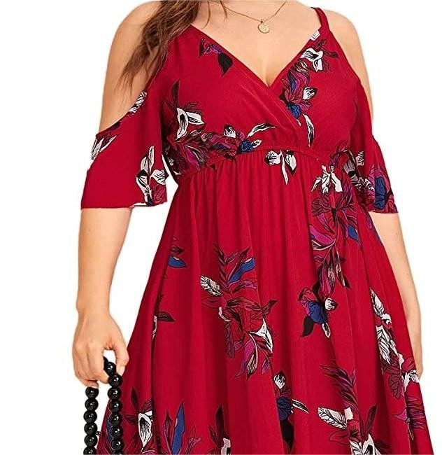 Women's Plus Size Cold Shoulder Tropical Floral Slit Summer Maxi Dress 2