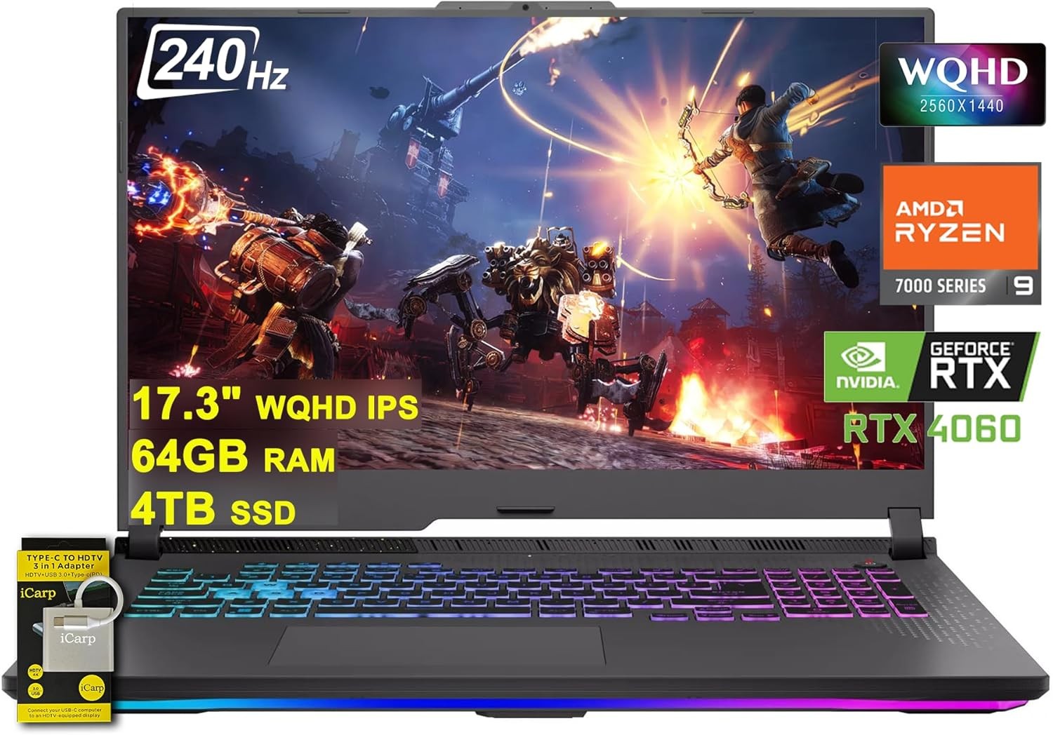 Asus ROG Strix G17 G713 Gaming Laptop 17.3" WQHD IPS 240Hz AMD 12-Core Ryzen 9 7845HX (Beat i9-12900H) 64GB RAM 4TB SSD GeForce RTX 4060 8GB USB-C RGB Backlit Fast Charging Win11 w/ICP Accessory