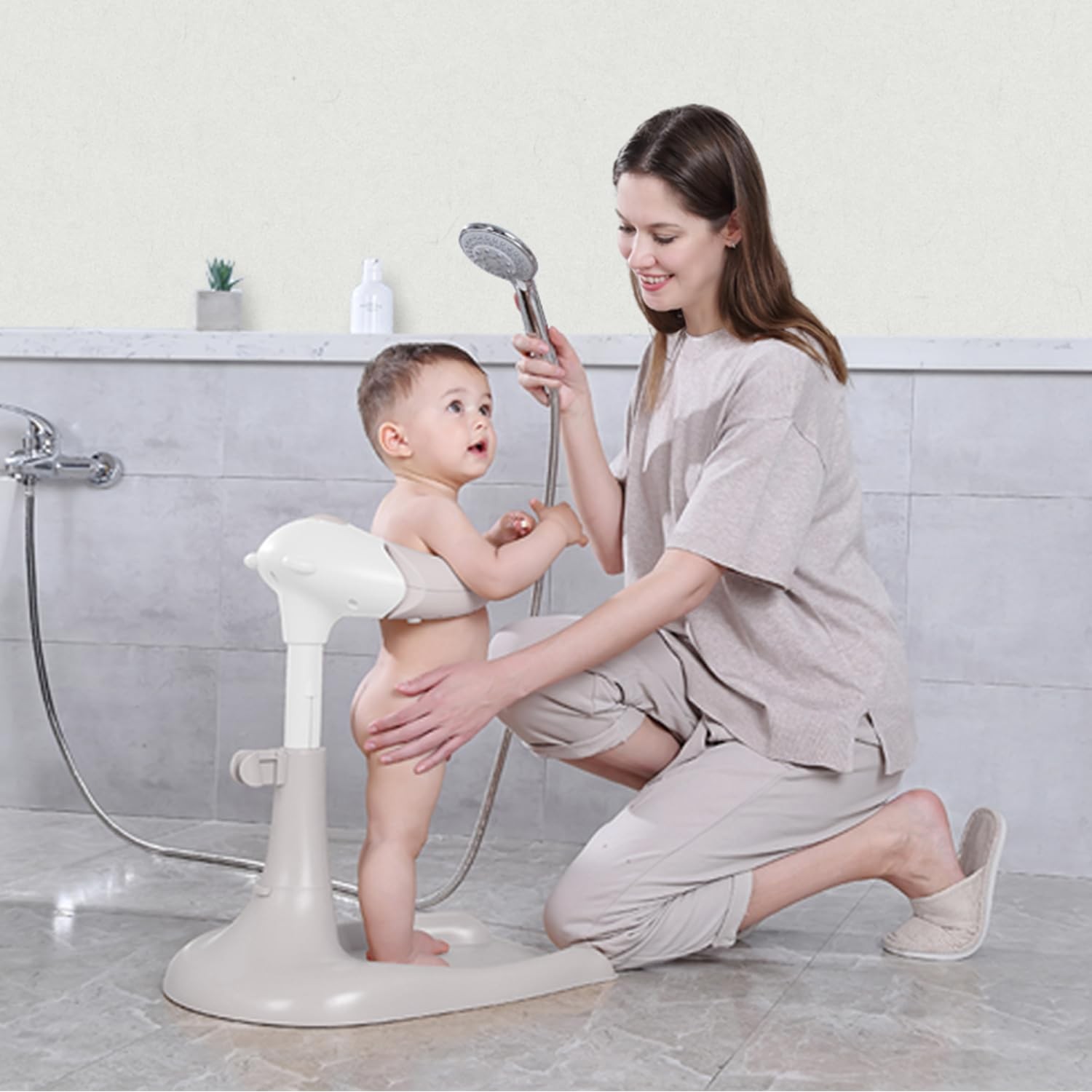Baby Hug Bath Tower for Standing Up Themselves, 6-18 Months Toddler Shower Stand Support, Bathing Seat Chair Handle, Free Mother Hands, Easy Setup, Safe Design, Adjustable Size(Off White-New Edition)