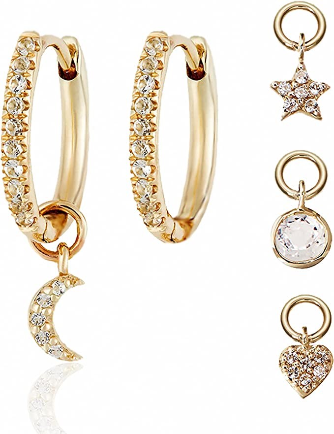 18KT Yellow Gold Bonded Real Huggie Rhinestone Pendant Hoop Earrings