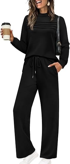 WIHOLL Two Piece Sets for Women Fall Travel Vacation Outfits Long Sleeve Lounge Sets Side Slit Wide Leg Pants S-3XL