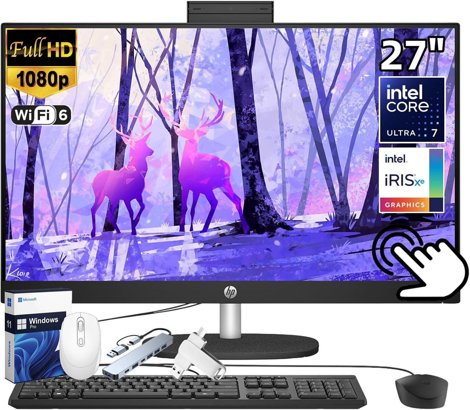 HP 2025 27" All-in-One Touchscreen Desktop Computer, FHD Anti-Glare Touchscreen, Intel Ultra 7 155U, Intel IrisXe, 32 GB DDR5, 1 TB SSD, Wi-Fi 6, Windows 11 Pro, Accessories, Jet Black