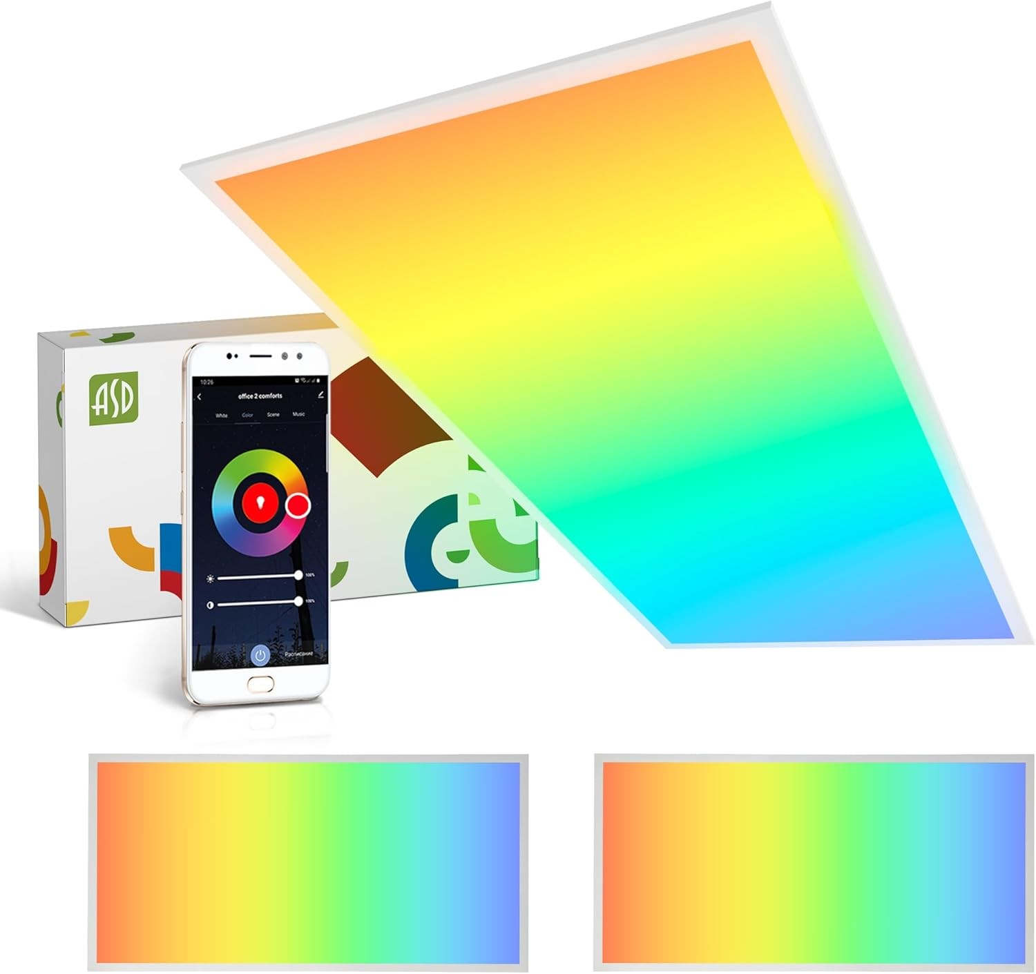 ASD 2 Pack 2x4 Smart RGBW LED Flat Panel Light - 40W UL | 4961LM 3500K 4000K 5000K Selectable Dimmable 2x4 LED Drop Ceiling Light Fixture | RGB Lights WiFi App Controlled Alexa & Google Assistant