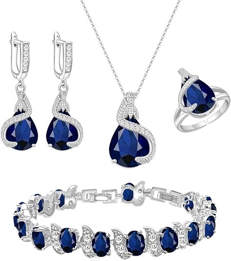 GZWHD Jewelry Set for Women Water Drop Cubic Zirconia Artificial Crystal Earrings Pendant Necklace Open Ring Tennis Bracelet Wedding Anniversary Birthday Engagement Gift for Bridesmaid Wife Girlfriend