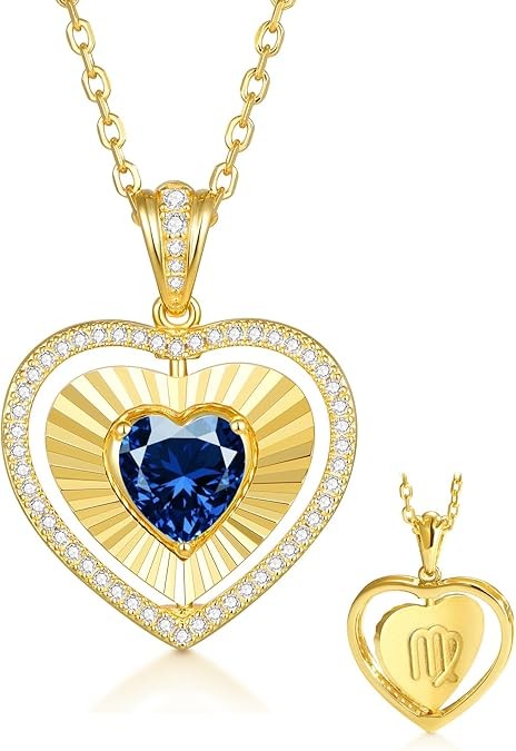 Kstyle 14K Gold Reversible Heart Birthstone Necklace with Zodiac Engraved Back for Women, Wife Daughter Mom Grandma Birthday Gift, Double-Sided Pendant Jewelry (925 Sterling Silver Base) Non Tarnish