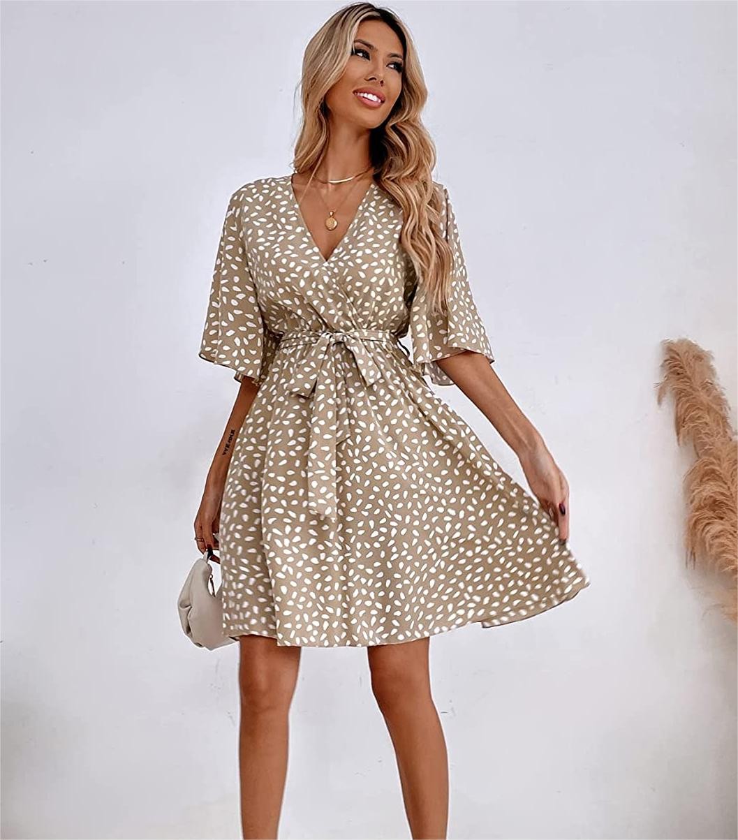 Women's Short Sleeve V Neck All Over Print High Waist A Line Summer Short Dress1