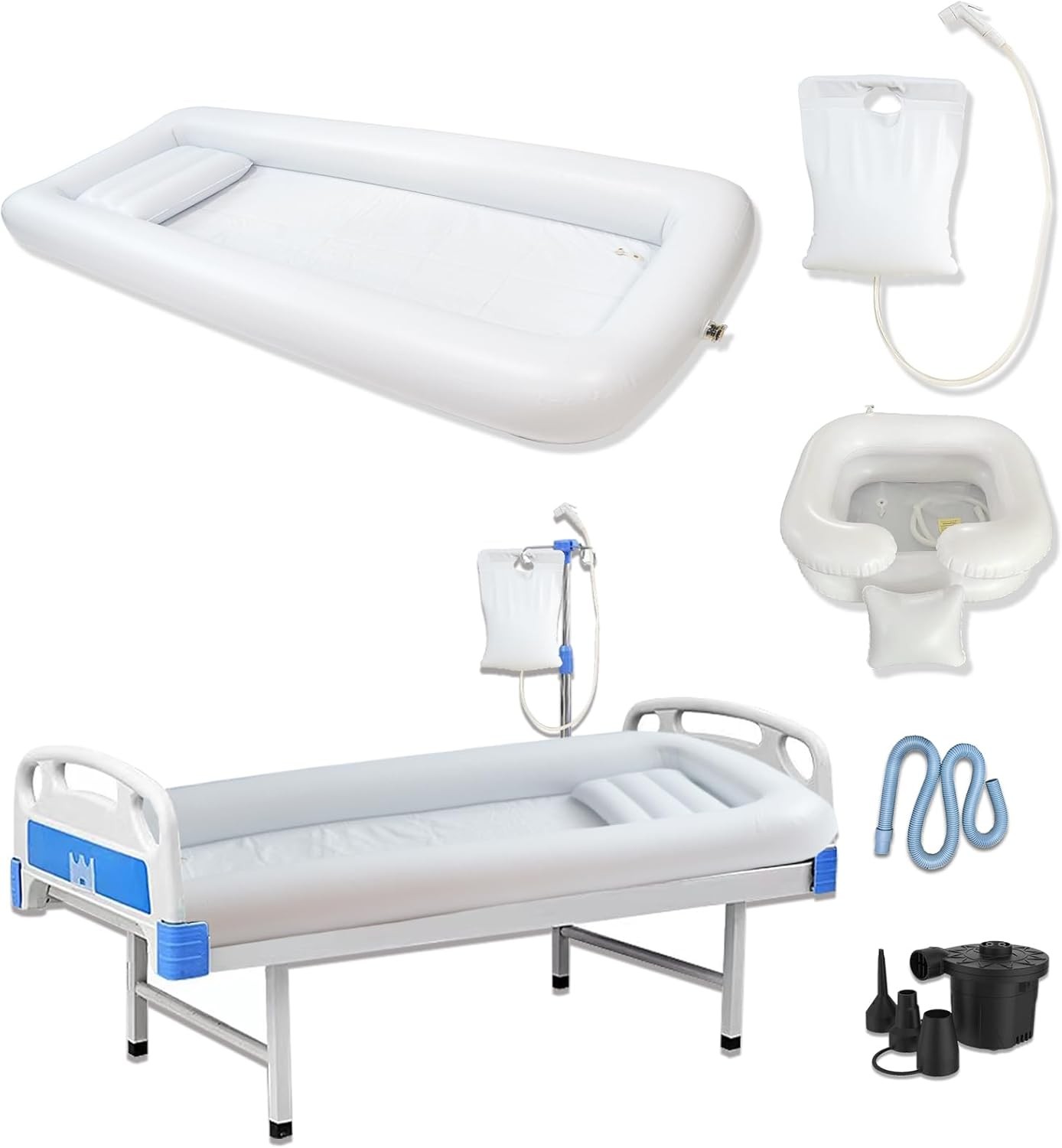Medical Inflatable Bathtub,Bed Bath,Medical PVC Bedside Shower bathtubKit,Bed Shower for Patients with Reduced Mobility,Bedside Water Bag+Electric air Pump+Medical Inflatable Shampoo Basin
