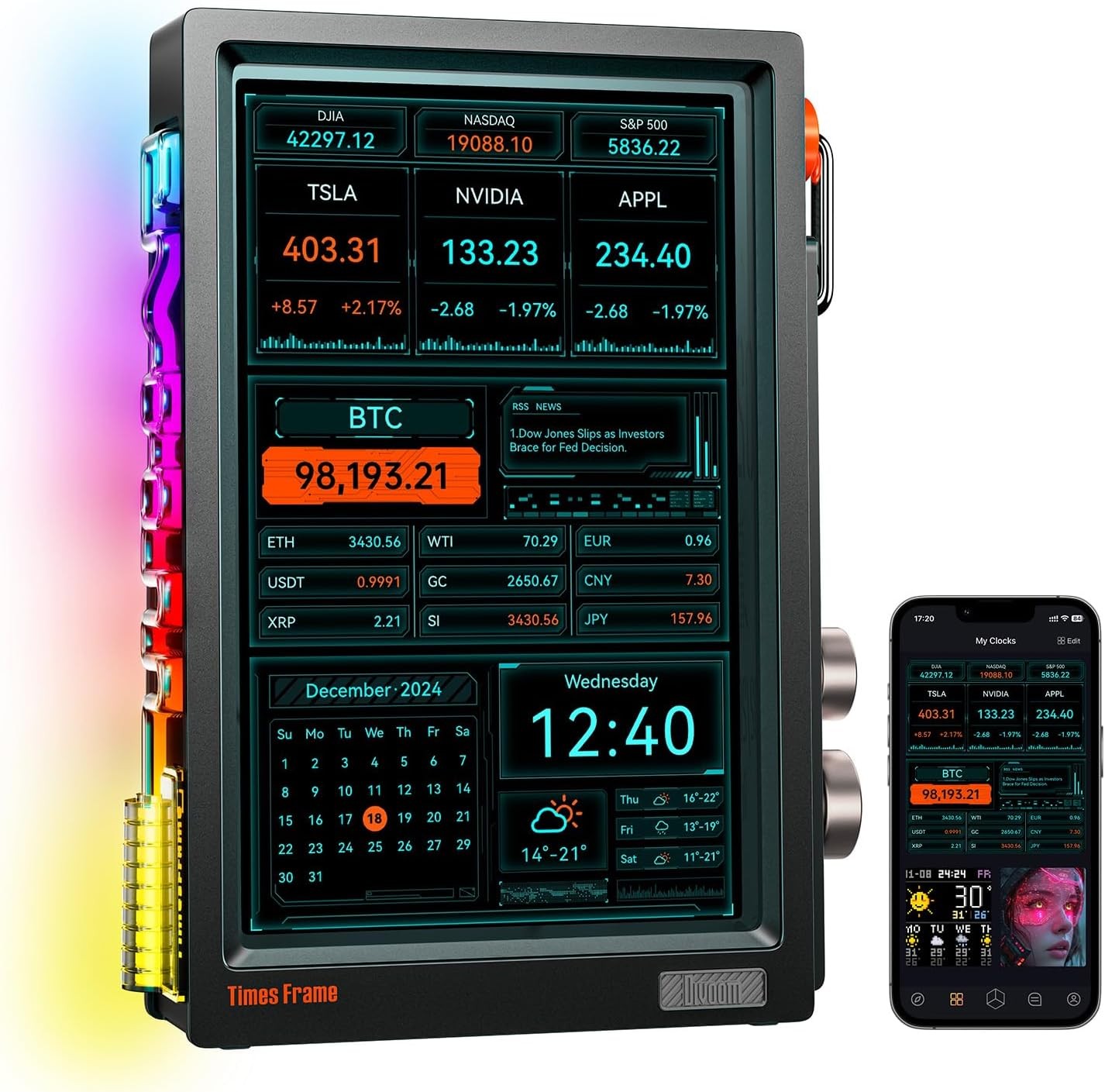 Divoom Times Frame-10.1" Digital Picture Frame Transparent IPS Smart Linux OS with RGBLED Rotary Knob WiFi 64GB 400+Clock Faces Widget 50+API Feeds Gift Mode Pixel Art Community Personalized Display