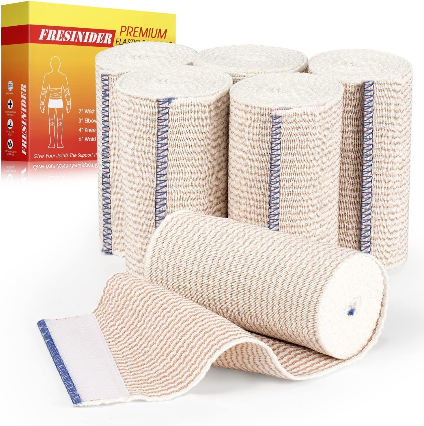 Premium Elastic Bandage Wrap, 6 Pack 4" Cotton Latex Free Compression Bandage Wrap with Touch Closure at Both Ends, Support & First Aid for Sports, Medical, and Injury Recovery