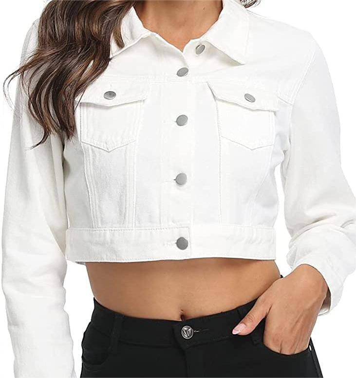 PEIQI Women’s Cropped Jean Denim Jacket Button Down Long Sleeve with Pockets 3