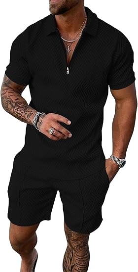 UOUA Mens Summer Track Suits 2 Piece Shorts Sets Short Sleeve Sweatsuit Outfits 1/4 Zip Golf Polo Shirts Loungewear